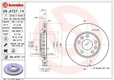 Торзмозной диск двухсторонний на передний мост вентилируемый 5 BREMBO 09.A727.14 (фото 1)