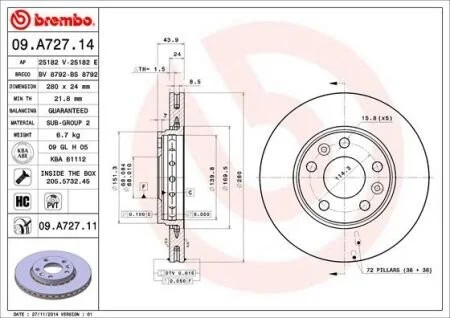 Торзмозной диск двухсторонний на передний мост вентилируемый 5 BREMBO 09.A727.14