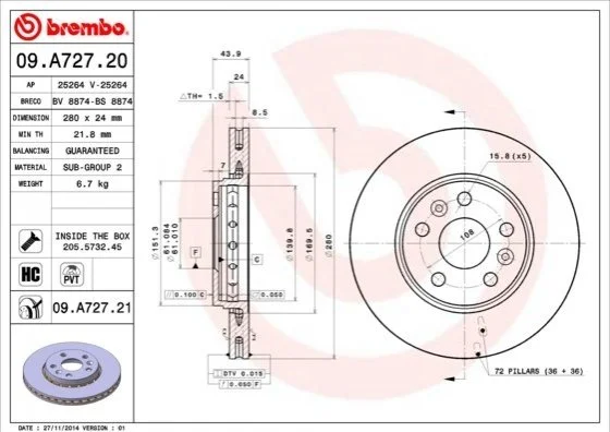 Гальмівний диск двосторонній на передній міст вентильований 5 BREMBO 09.A727.21 (фото 1)