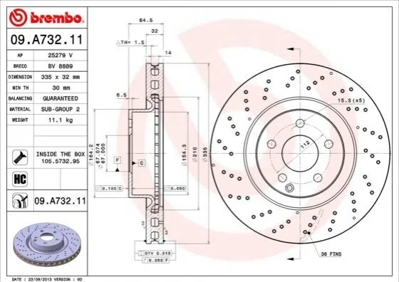 Гальмівний диск двосторонній на передній міст вентильований 5 BREMBO 09.A732.11 (фото 1)