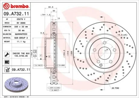 Торзмозной диск двухсторонний на передний мост вентилируемый 5 BREMBO 09.A732.11