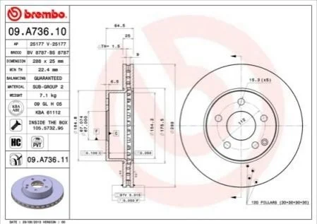Торзмозной диск двухсторонний на передний мост вентилируемый 5 BREMBO 09.A736.11 (фото 1)