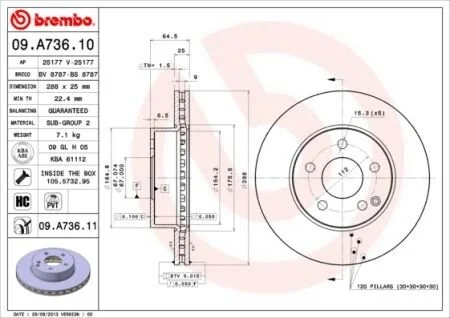 Торзмозной диск двухсторонний на передний мост вентилируемый 5 BREMBO 09.A736.11