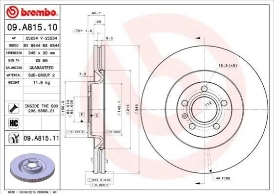 Торзмозной диск двухсторонний на передний мост вентилируемый 5 BREMBO 09.A815.11 (фото 1)