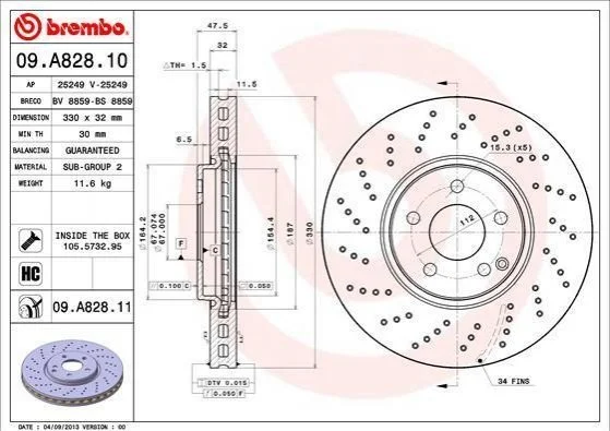 Гальмівний диск двосторонній на передній міст вентильований 5 BREMBO 09.A828.11 (фото 1)