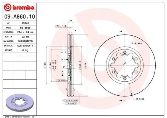 Гальмівний диск двосторонній на передній міст вентильований 6 BREMBO 09.A860.10 (фото 1)