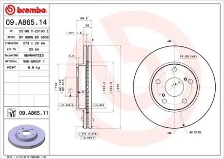Гальмівний диск двосторонній на передній міст вентильований 5 BREMBO 09.A865.11