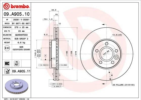 Торзмозной диск двухсторонний на передний мост вентилируемый 5 BREMBO 09.A905.11 (фото 1)