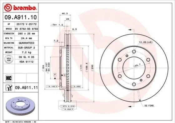 Гальмівний диск двосторонній на передній міст вентильований 6 BREMBO 09.A911.11 (фото 1)