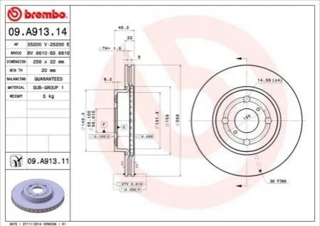 Торзмозной диск двухсторонний на передний мост вентилируемый 4 BREMBO 09.A913.14 (фото 1)