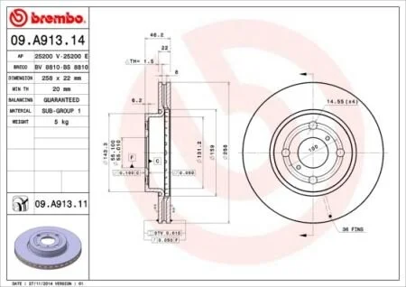 Торзмозной диск двухсторонний на передний мост вентилируемый 4 BREMBO 09.A913.14