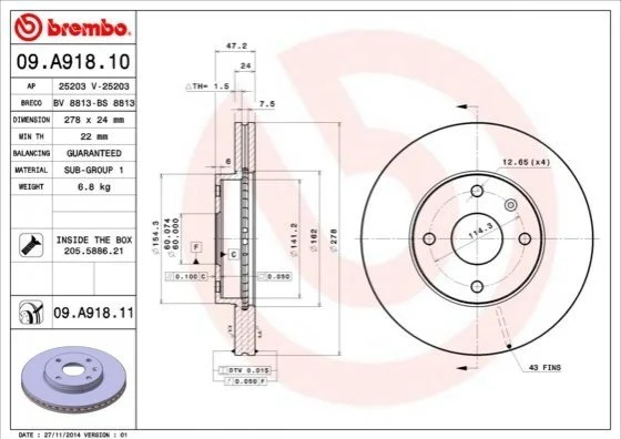 Гальмівний диск двосторонній на передній міст вентильований 4 BREMBO 09.A918.10 (фото 1)