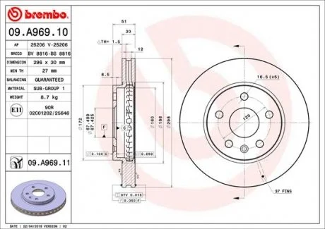Гальмівний диск двосторонній на передній міст вентильований 5 BREMBO 09.A969.11
