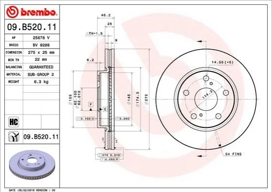 Торзмозной диск двухсторонний на передний мост вентилируемый 5 BREMBO 09.B520.11 (фото 1)