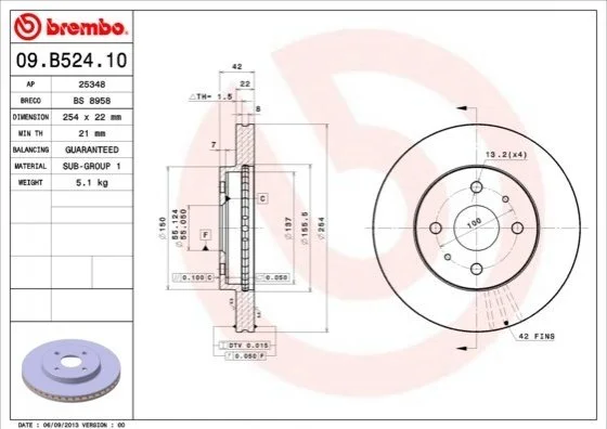 Торзмозной диск двухсторонний на передний мост вентилируемый 4 BREMBO 09.B524.10 (фото 1)