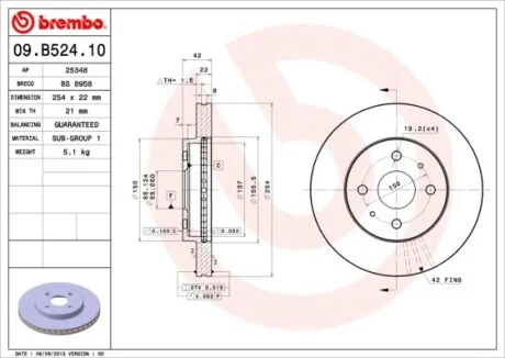 Торзмозной диск двухсторонний на передний мост вентилируемый 4 BREMBO 09.B524.10