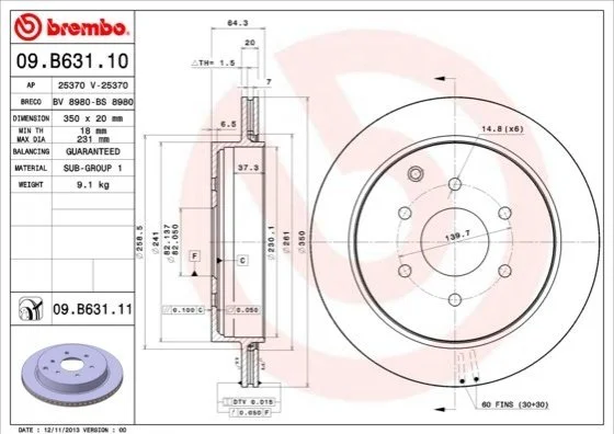Торзмозной диск двухсторонний на задний мост вентилируемый 6 BREMBO 09.B631.11 (фото 1)