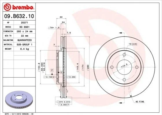 Торзмозной диск двухсторонний на передний мост вентилируемый 4 BREMBO 09.B632.10 (фото 1)