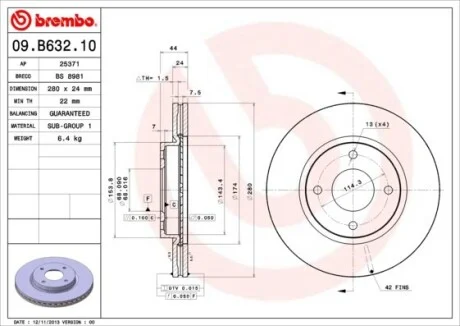 Торзмозной диск двухсторонний на передний мост вентилируемый 4 BREMBO 09.B632.10
