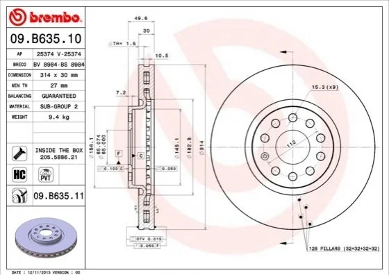 Торзмозной диск двухсторонний на передний мост вентилируемый 9 BREMBO 09.B635.11 (фото 1)