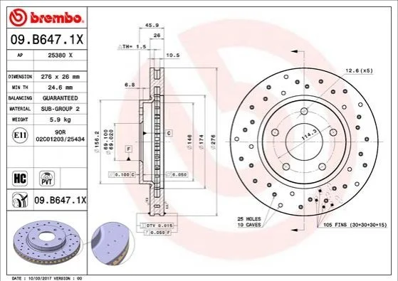Гальмівний диск двосторонній на передній міст вентильований 5 BREMBO 09.B647.1X (фото 1)