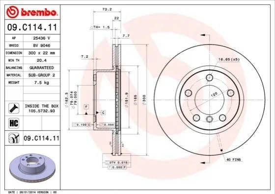 Гальмівний диск двосторонній на передній міст вентильований 5 BREMBO 09.C114.11 (фото 1)