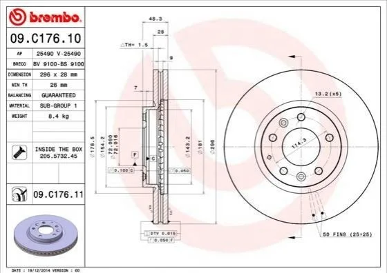 Гальмівний диск двосторонній на передній міст вентильований 5 BREMBO 09.C176.11 (фото 1)
