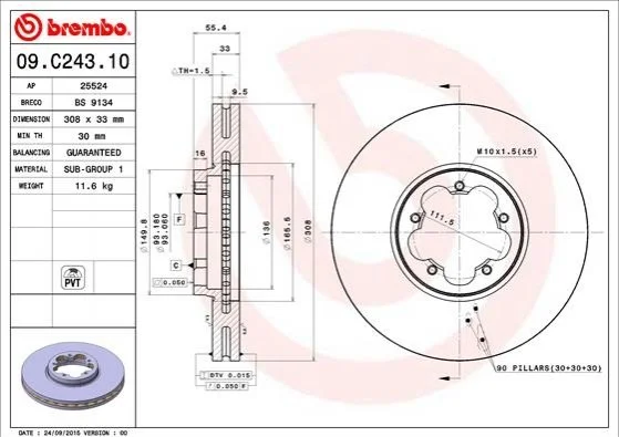 Гальмівний диск двосторонній на передній міст вентильований 5 BREMBO 09.C243.10 (фото 1)