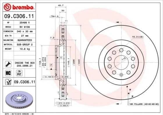 Торзмозной диск двухсторонний на передний мост вентилируемый 9 BREMBO 09.C306.11 (фото 1)