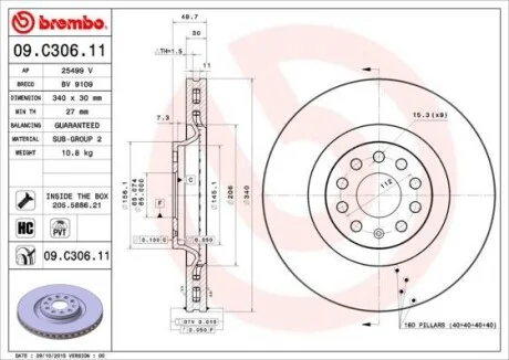 Гальмівний диск двосторонній на передній міст вентильований 9 BREMBO 09.C306.11