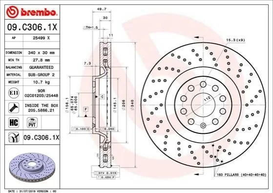 Торзмозной диск двухсторонний на передний мост вентилируемый 9 BREMBO 09.C306.1X (фото 1)