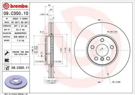 Торзмозной диск двухсторонний на передний мост вентилируемый 5 BREMBO 09.C350.11 (фото 1)