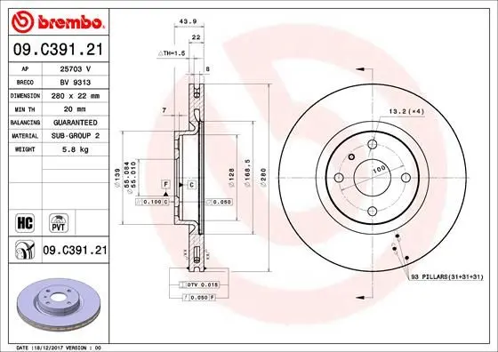Гальмівний диск BREMBO 09C39121 (фото 1)
