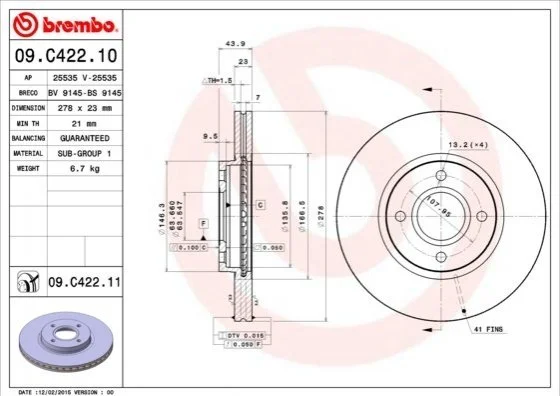 Гальмівний диск двосторонній на передній міст вентильований 4 BREMBO 09.C422.11 (фото 1)