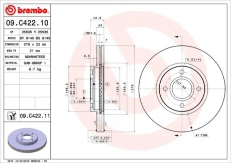 Гальмівний диск двосторонній на передній міст вентильований 4 BREMBO 09.C422.11