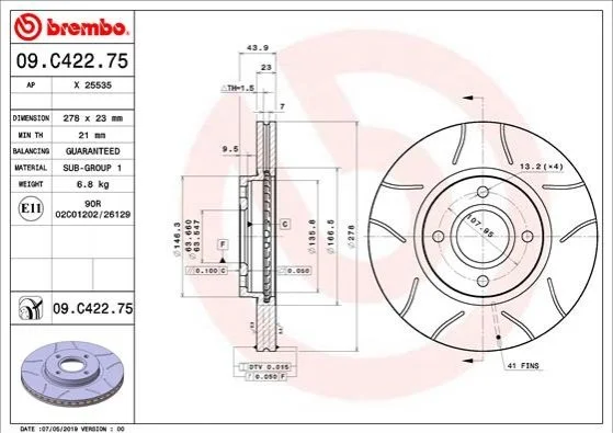 Гальмівний диск двосторонній на передній міст вентильований 4 BREMBO 09.C422.75 (фото 1)