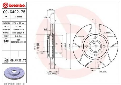 Гальмівний диск двосторонній на передній міст вентильований 4 BREMBO 09.C422.75