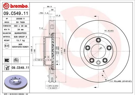Гальмівний диск зліва на передній міст вентильований 5 BREMBO 09.C549.11 (фото 1)