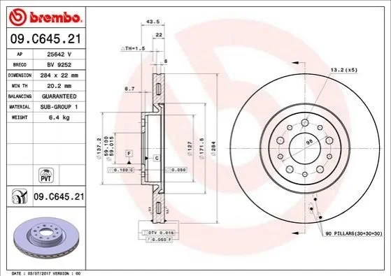 Гальмівний диск двосторонній на передній міст вентильований 5 BREMBO 09.C645.21 (фото 1)