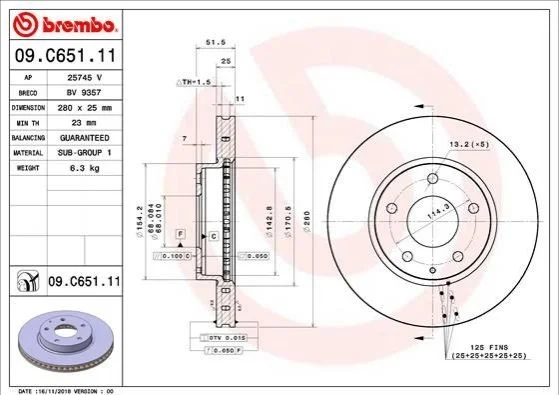 Торзмозной диск двухсторонний на передний мост вентилируемый 5 BREMBO 09.C651.11 (фото 1)