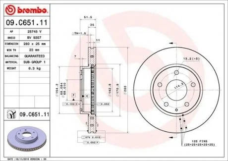 Торзмозной диск двухсторонний на передний мост вентилируемый 5 BREMBO 09.C651.11