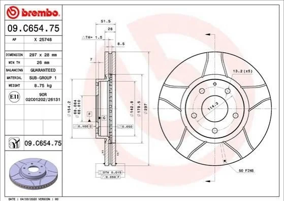 Гальмівний диск двосторонній на передній міст вентильований 5 BREMBO 09.C654.75 (фото 1)