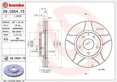Гальмівний диск двосторонній на передній міст вентильований 5 BREMBO 09.C654.75