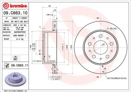 Гальмівний диск двосторонній на задній міст вентильований 5 BREMBO 09.C663.11