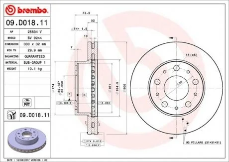 Гальмівний диск двосторонній на передній міст вентильований 5 BREMBO 09.D018.11