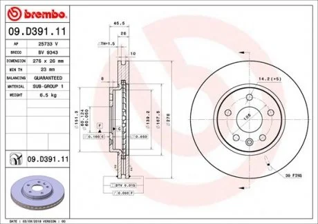 Гальмівний диск двосторонній на передній міст вентильований 5 BREMBO 09.D391.11