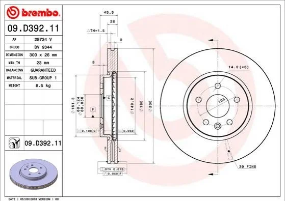 Торзмозной диск двухсторонний на передний мост вентилируемый 5 BREMBO 09.D392.11 (фото 1)