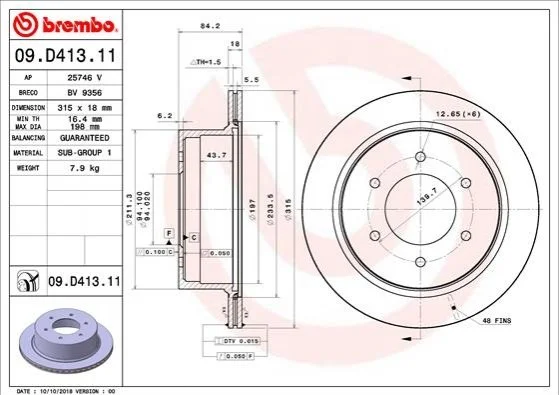 Гальмівний диск двосторонній на задній міст вентильований 6 BREMBO 09.D413.11 (фото 1)