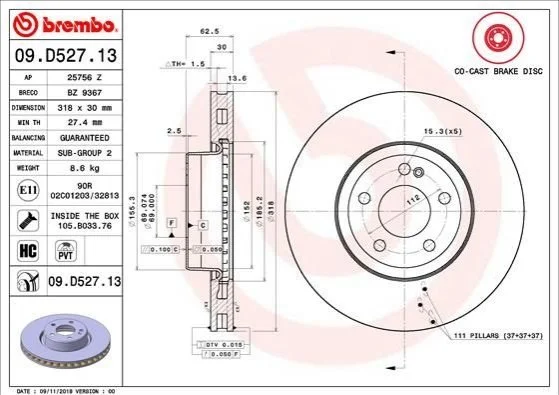 Гальмівний диск двосторонній на передній міст вентильований 5 BREMBO 09.D527.13 (фото 1)