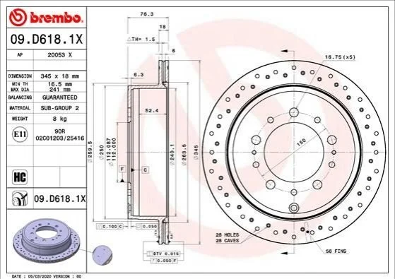 Гальмівний диск двосторонній на задній міст вентильований 5 BREMBO 09.D618.1X (фото 1)